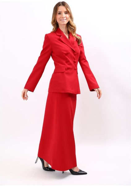 Erkek Yaka Blazer Ceket & Kemerli Kare Cepli Çan Etek-Kırmızı