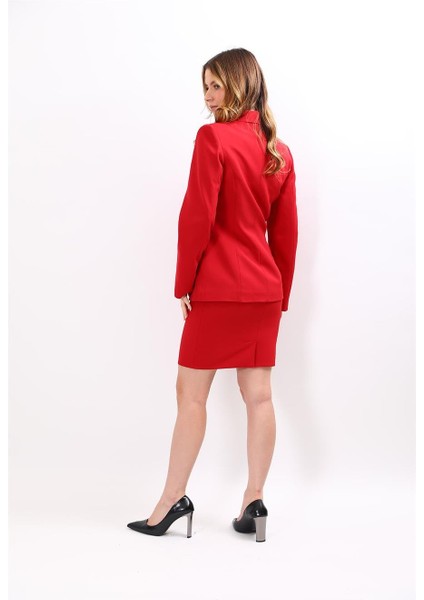 Erkek Yaka Blazer Ceket & Yırtmaçlı Düz Dar Etek-Kırmızı fırsatları