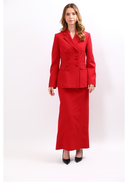 Erkek Yaka Blazer Ceket & Uzun Düz Dar Etek-Kırmızı