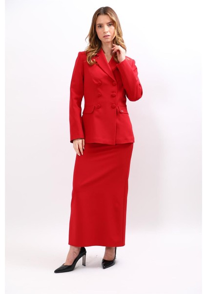 Erkek Yaka Blazer Ceket & Uzun Düz Dar Etek-Kırmızı fiyatları