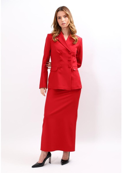 Erkek Yaka Blazer Ceket & Uzun Düz Dar Etek-Kırmızı modelleri