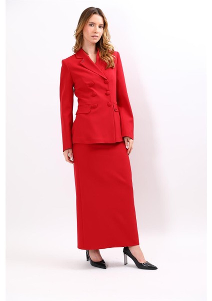 Erkek Yaka Blazer Ceket & Uzun Düz Dar Etek-Kırmızı