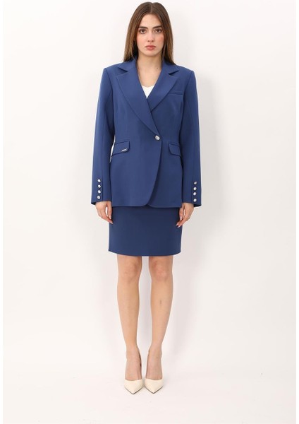 Erkek Yaka Kuruvaze Tek Düğmeli Ceket & Yırtmaçlı Düz Dar Etek-Indigo