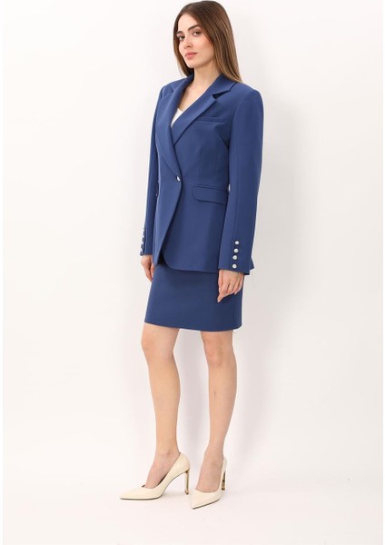 Erkek Yaka Kuruvaze Tek Düğmeli Ceket & Yırtmaçlı Düz Dar Etek-Indigo fiyatları