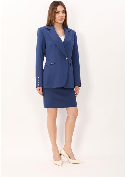 Erkek Yaka Kuruvaze Tek Düğmeli Ceket & Yırtmaçlı Düz Dar Etek-Indigo modelleri