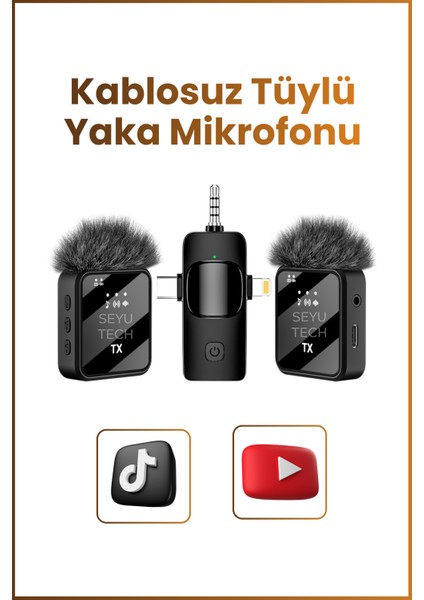 Kablosuz Tüylü Yaka Mikrofonu Wireless Şarj Kutulu Canlı Yayın Ios ve Android Uyumlu Yaka Mikrofonu