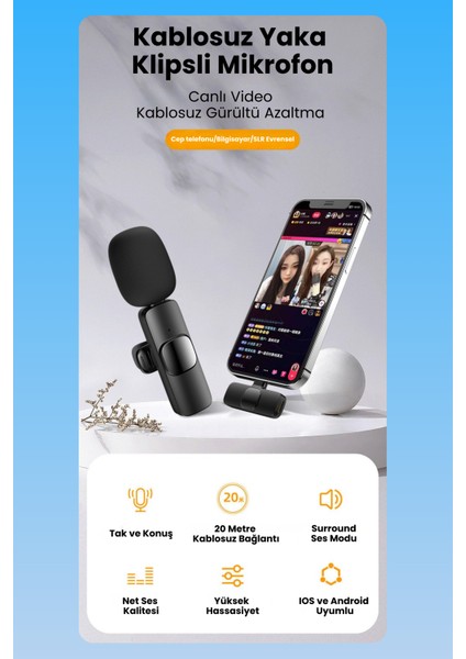 Kablosuz Yaka Mikrofonu Wireless Şarj Kutulu Canlı Yayın Ios ve Android Uyumlu Yaka Mikrofonu