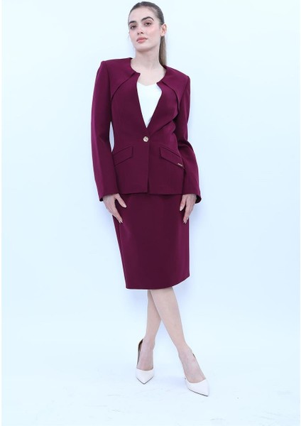 Sıfır Yaka Ön Robalı Ceket & Düz Dar Etek-Mürdüm