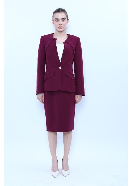 Sıfır Yaka Ön Robalı Ceket & Düz Dar Etek-Mürdüm fiyatları