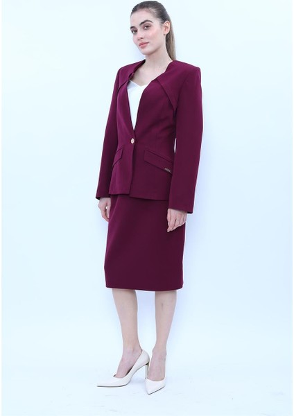 Sıfır Yaka Ön Robalı Ceket & Düz Dar Etek-Mürdüm modelleri