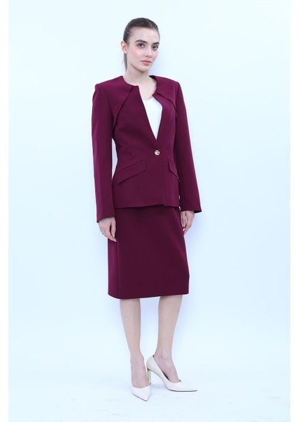 Sıfır Yaka Ön Robalı Ceket & Düz Dar Etek-Mürdüm fırsatları