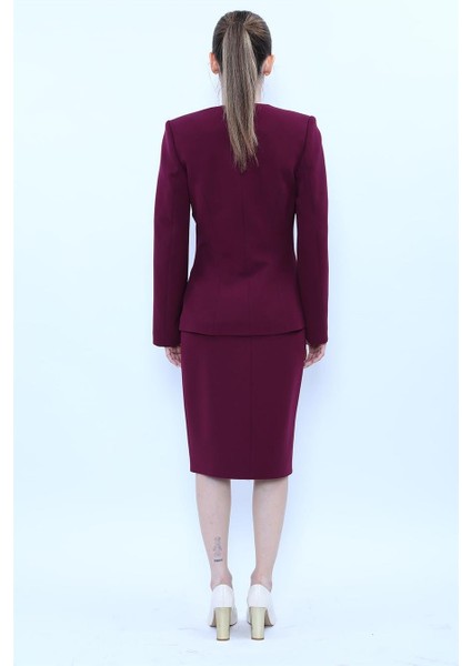 Sıfır Yaka Ön Robalı Ceket & Düz Dar Etek-Mürdüm indirimleri