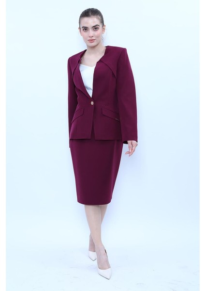 Sıfır Yaka Ön Robalı Ceket & Düz Dar Etek-Mürdüm