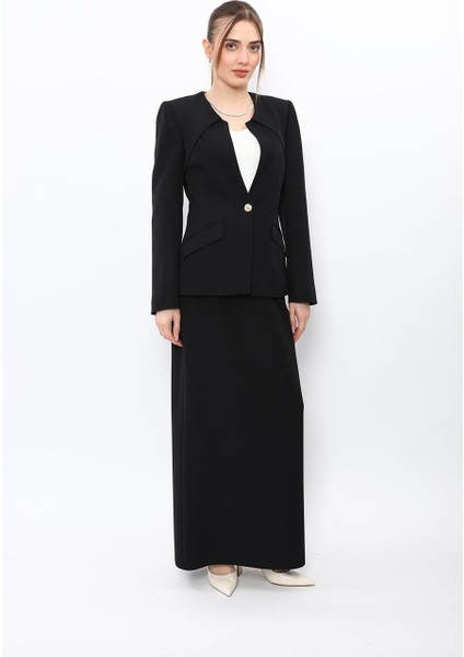 Sıfır Yaka Ön Robalı Ceket & Uzun Düz Dar Etek-Siyah