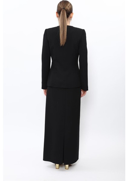 Sıfır Yaka Ön Robalı Ceket & Uzun Düz Dar Etek-Siyah modelleri