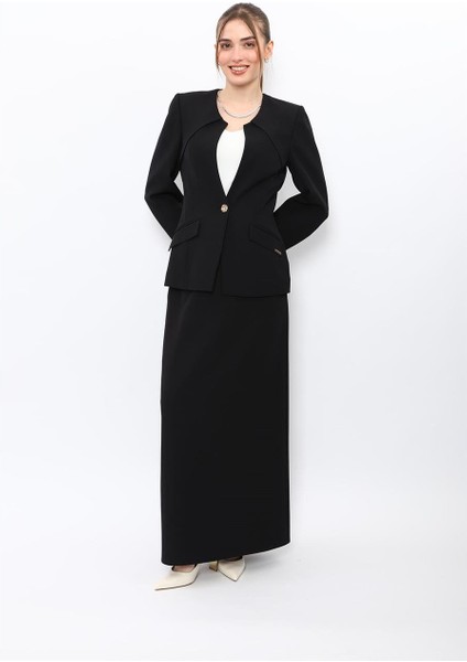 Sıfır Yaka Ön Robalı Ceket & Uzun Düz Dar Etek-Siyah fırsatları