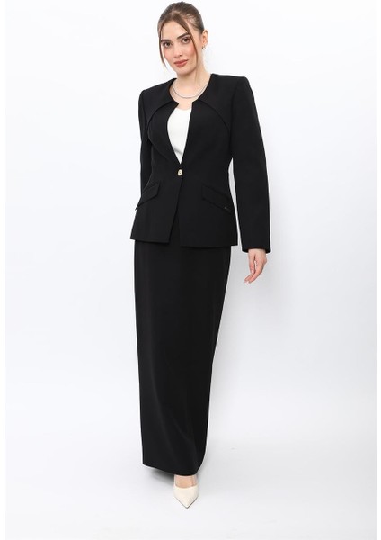 Sıfır Yaka Ön Robalı Ceket & Uzun Düz Dar Etek-Siyah indirimleri