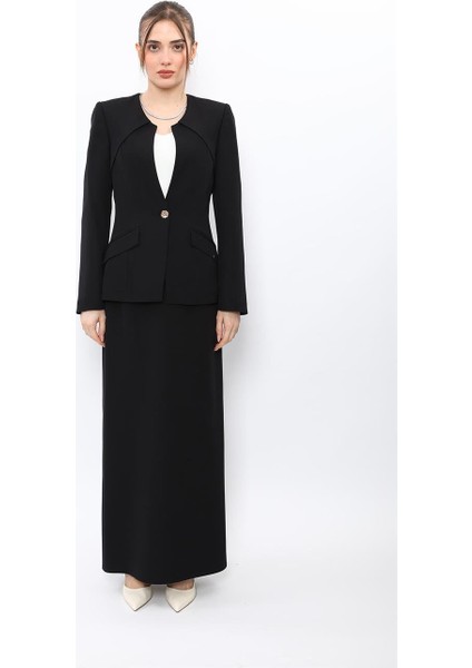 Sıfır Yaka Ön Robalı Ceket & Uzun Düz Dar Etek-Siyah