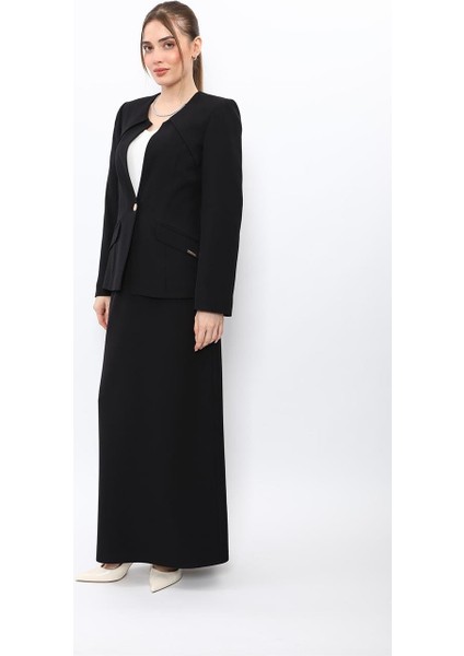 Sıfır Yaka Ön Robalı Ceket & Uzun Düz Dar Etek-Siyah