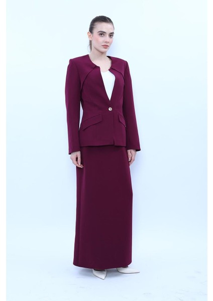 Sıfır Yaka Ön Robalı Ceket & Uzun Düz Dar Etek-Mürdüm