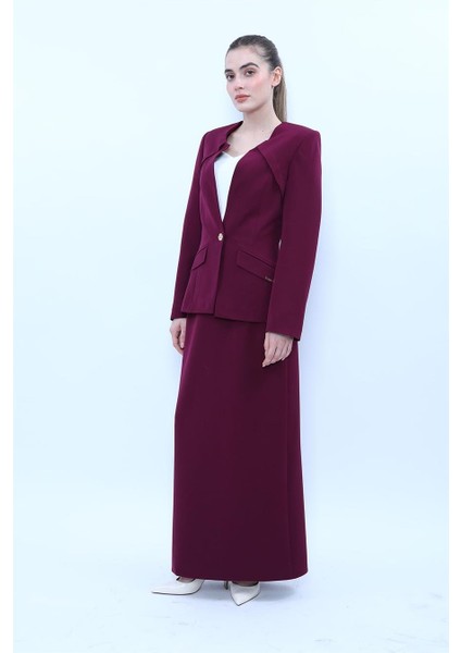 Sıfır Yaka Ön Robalı Ceket & Uzun Düz Dar Etek-Mürdüm fiyatları