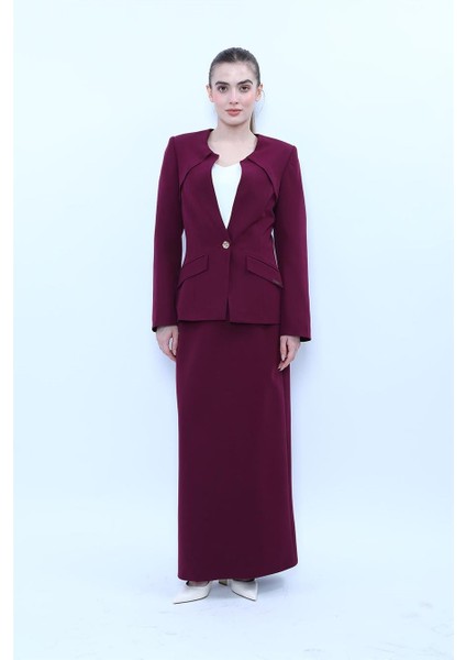 Sıfır Yaka Ön Robalı Ceket & Uzun Düz Dar Etek-Mürdüm indirimleri