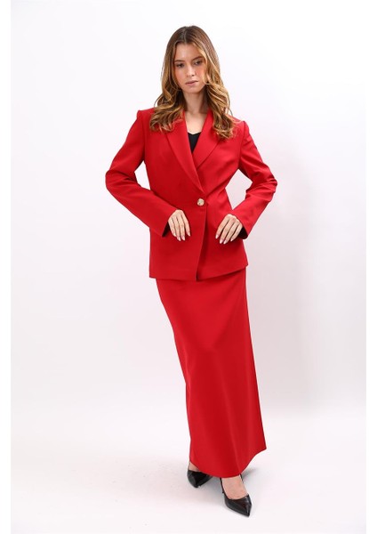 Erkek Yaka Asimetrik Ceket & Kemerli Kare Cepli Çan Etek-Kırmızı fiyatları