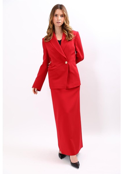 Erkek Yaka Asimetrik Ceket & Kemerli Kare Cepli Çan Etek-Kırmızı