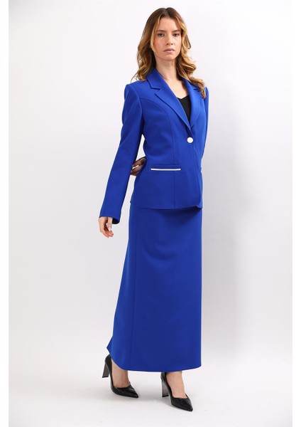 Erkek Yaka Konbinli Tek Düğme Ceket & Uzun Düz Dar Etek-Saks