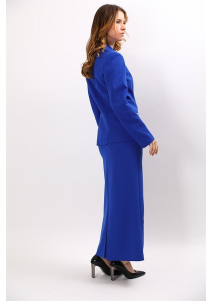 Erkek Yaka Konbinli Tek Düğme Ceket & Uzun Düz Dar Etek-Saks modelleri