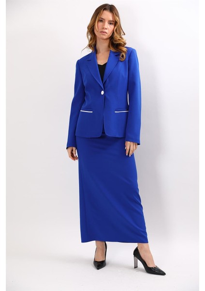 Erkek Yaka Konbinli Tek Düğme Ceket & Uzun Düz Dar Etek-Saks