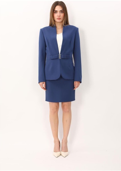 Dik Yaka Tokalı Ceket & Yırtmaçlı Düz Dar Etek-Indigo fiyatları