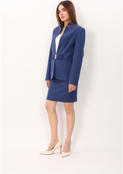 Dik Yaka Tokalı Ceket & Yırtmaçlı Düz Dar Etek-Indigo modelleri