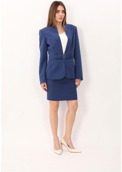 Dik Yaka Tokalı Ceket & Yırtmaçlı Düz Dar Etek-Indigo fırsatları