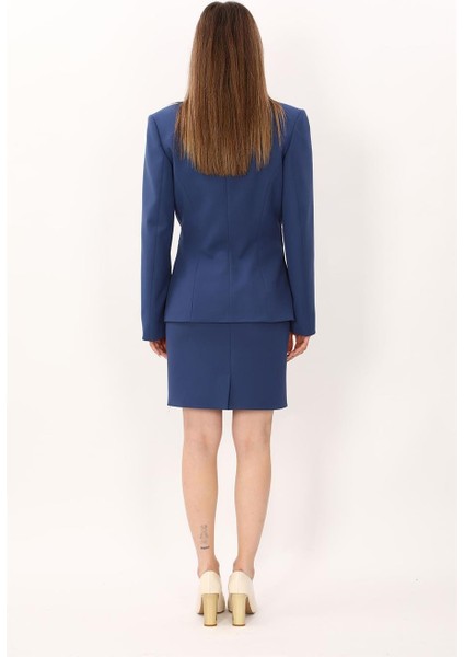 Dik Yaka Tokalı Ceket & Yırtmaçlı Düz Dar Etek-Indigo indirimleri