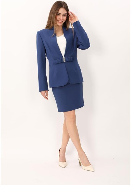 Dik Yaka Tokalı Ceket & Yırtmaçlı Düz Dar Etek-Indigo