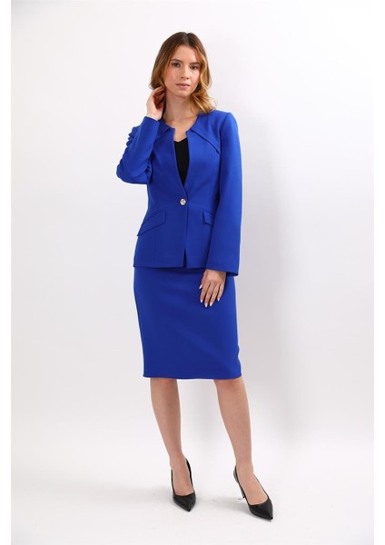 Sıfır Yaka Ön Robalı Ceket & Düz Dar Etek-Saks