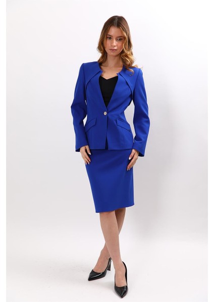 Sıfır Yaka Ön Robalı Ceket & Düz Dar Etek-Saks fiyatları