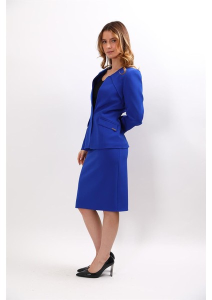 Sıfır Yaka Ön Robalı Ceket & Düz Dar Etek-Saks modelleri