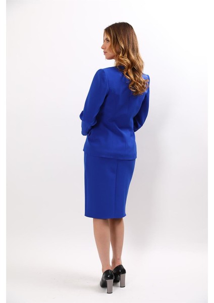 Sıfır Yaka Ön Robalı Ceket & Düz Dar Etek-Saks fırsatları