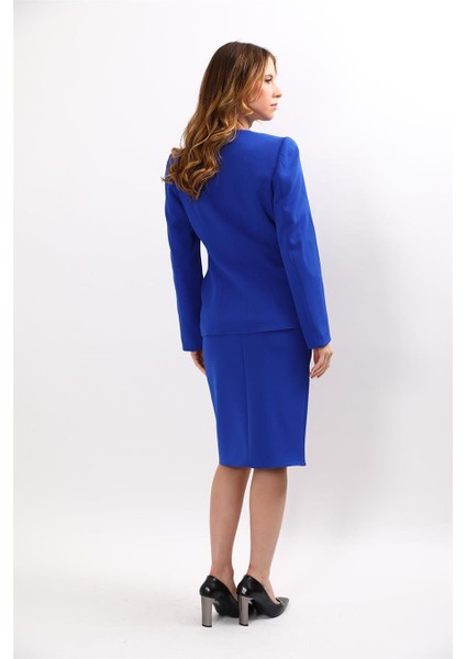 Sıfır Yaka Ön Robalı Ceket & Düz Dar Etek-Saks indirimleri