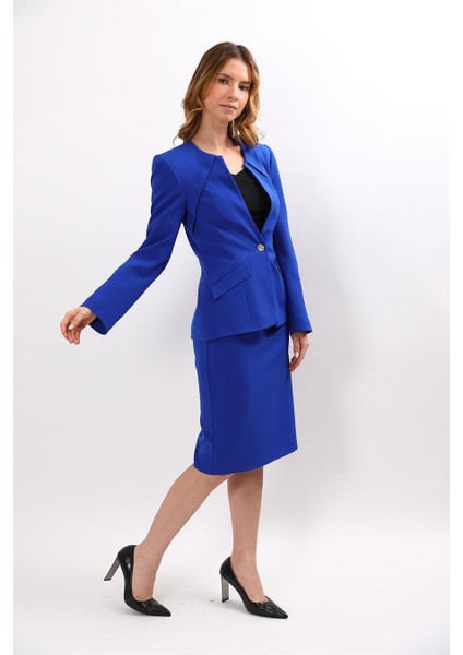 Sıfır Yaka Ön Robalı Ceket & Düz Dar Etek-Saks