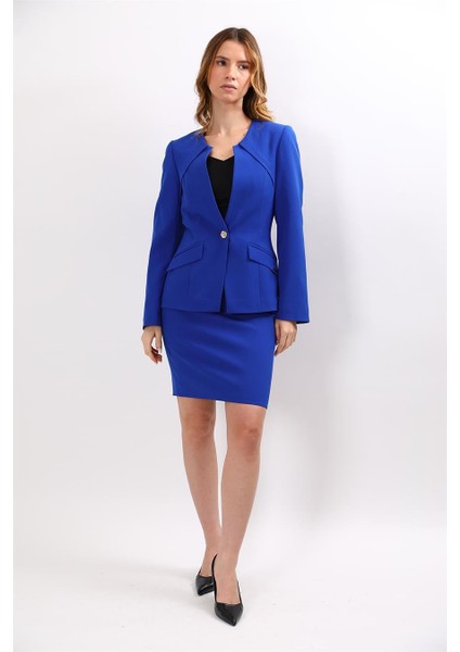 Sıfır Yaka Ön Robalı Ceket & Yırtmaçlı Düz Dar Etek-Saks