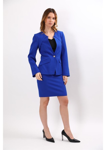 Sıfır Yaka Ön Robalı Ceket & Yırtmaçlı Düz Dar Etek-Saks modelleri