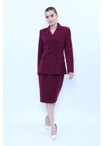 Erkek Yaka Blazer Ceket & Düz Dar Etek-Mürdüm