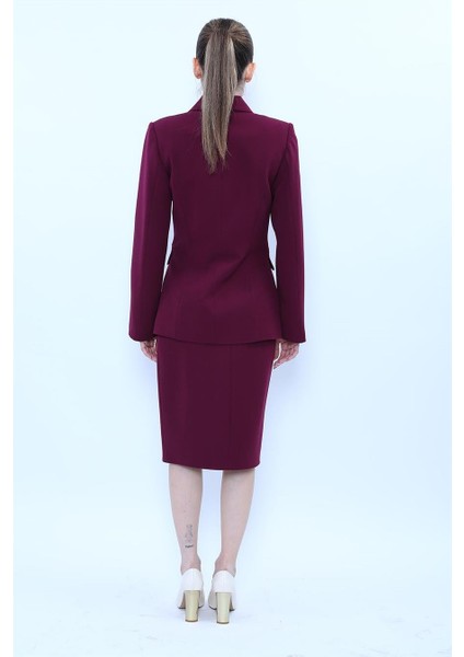 Erkek Yaka Blazer Ceket & Düz Dar Etek-Mürdüm