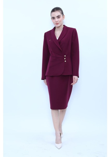 Şal Yaka Modelli Ceket & Düz Dar Etek-Mürdüm