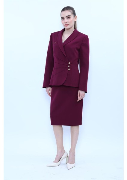 Şal Yaka Modelli Ceket & Düz Dar Etek-Mürdüm fırsatları