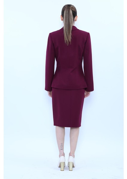 Şal Yaka Modelli Ceket & Düz Dar Etek-Mürdüm