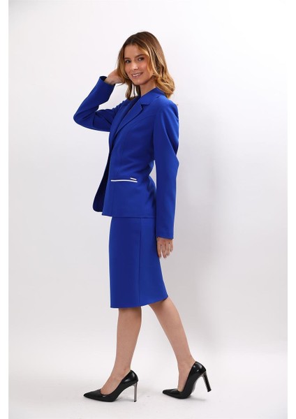 Erkek Yaka Konbinli Tek Düğme Ceket & Düz Dar Etek-Saks